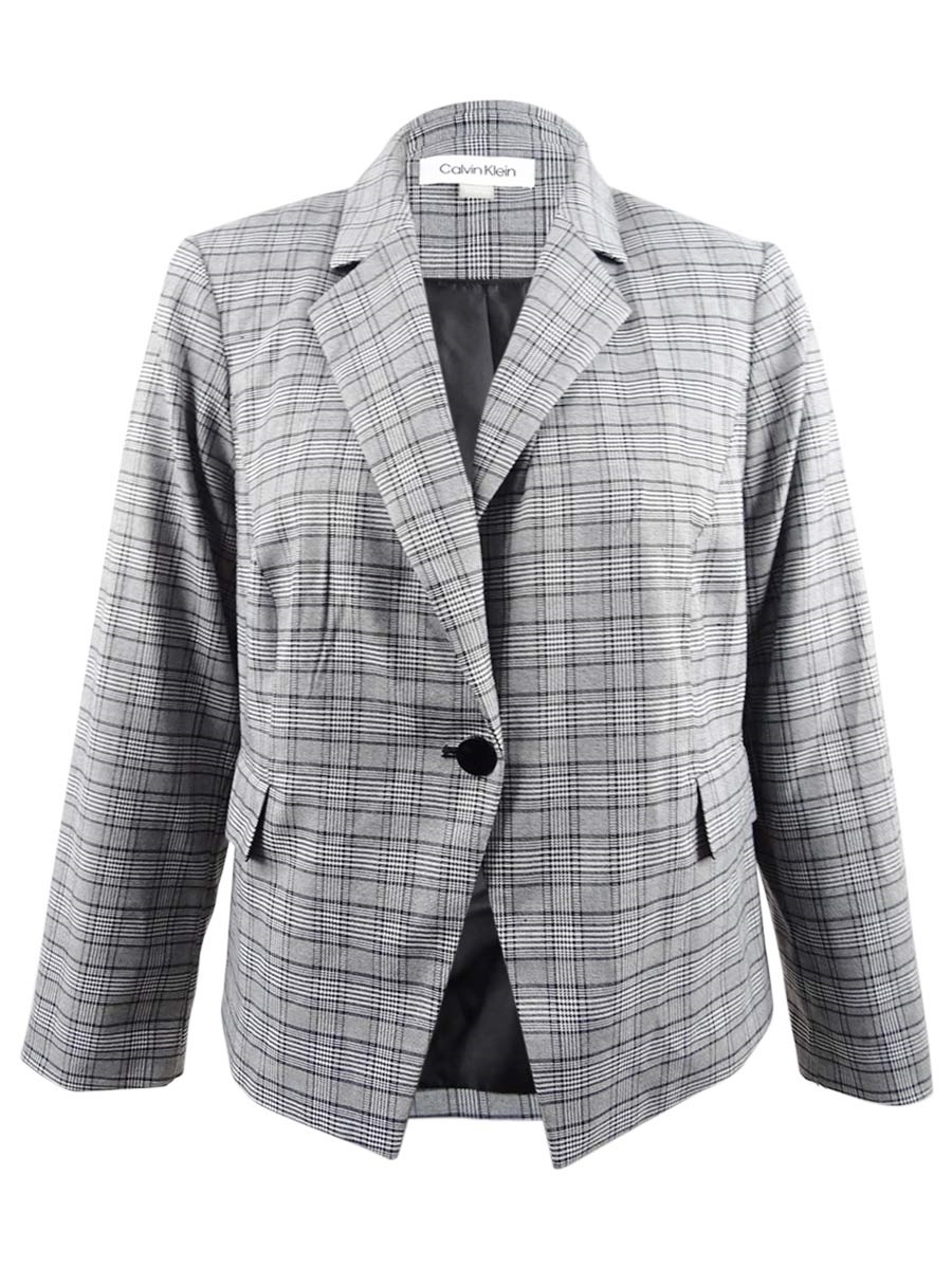 Calvin Klein Women's Petite Plaid Single-Button Blazer (10P, Black/Cream)